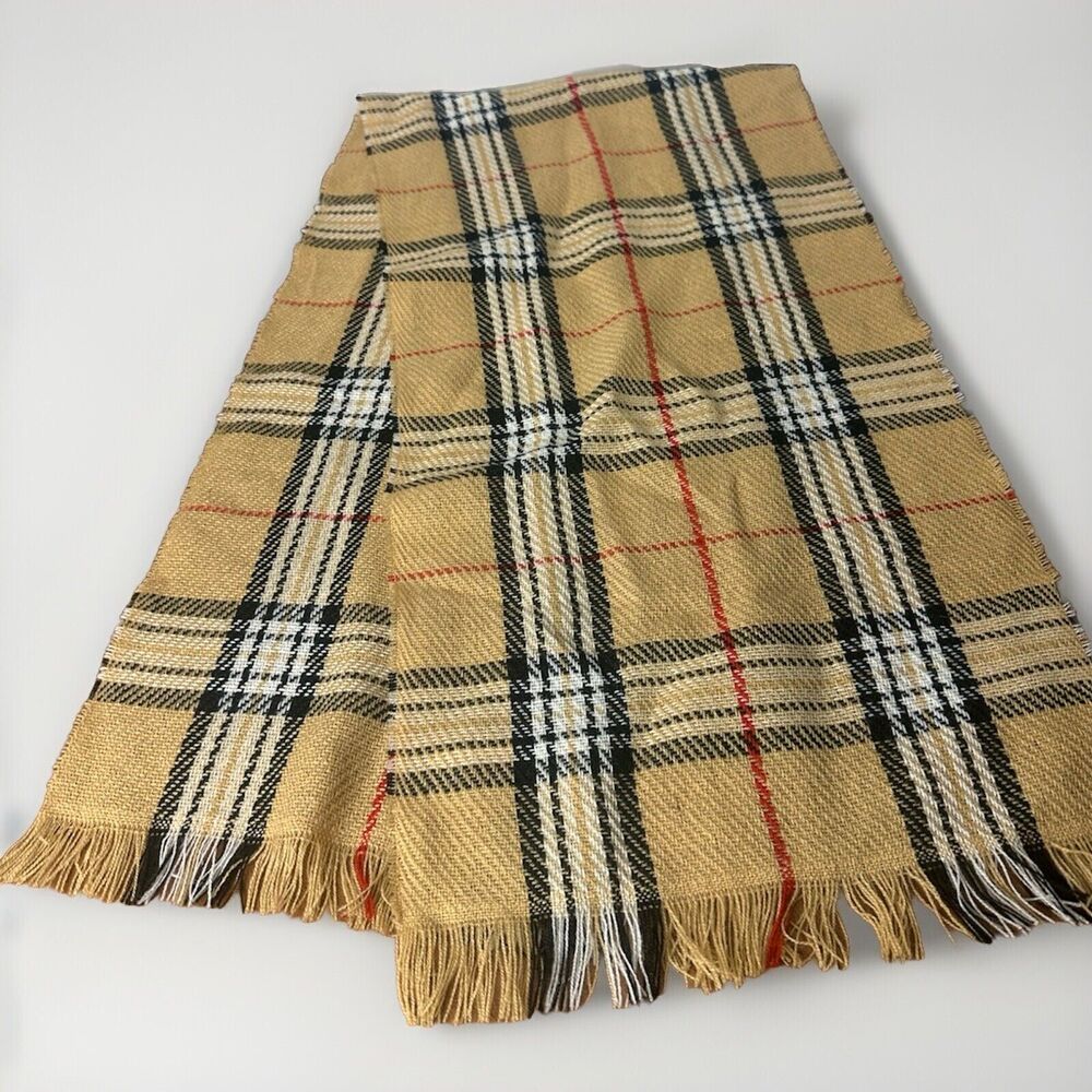 English Village Vintage Womans Scarf Acrylic Beige Striped Plaid Fringe Hem Wrap
